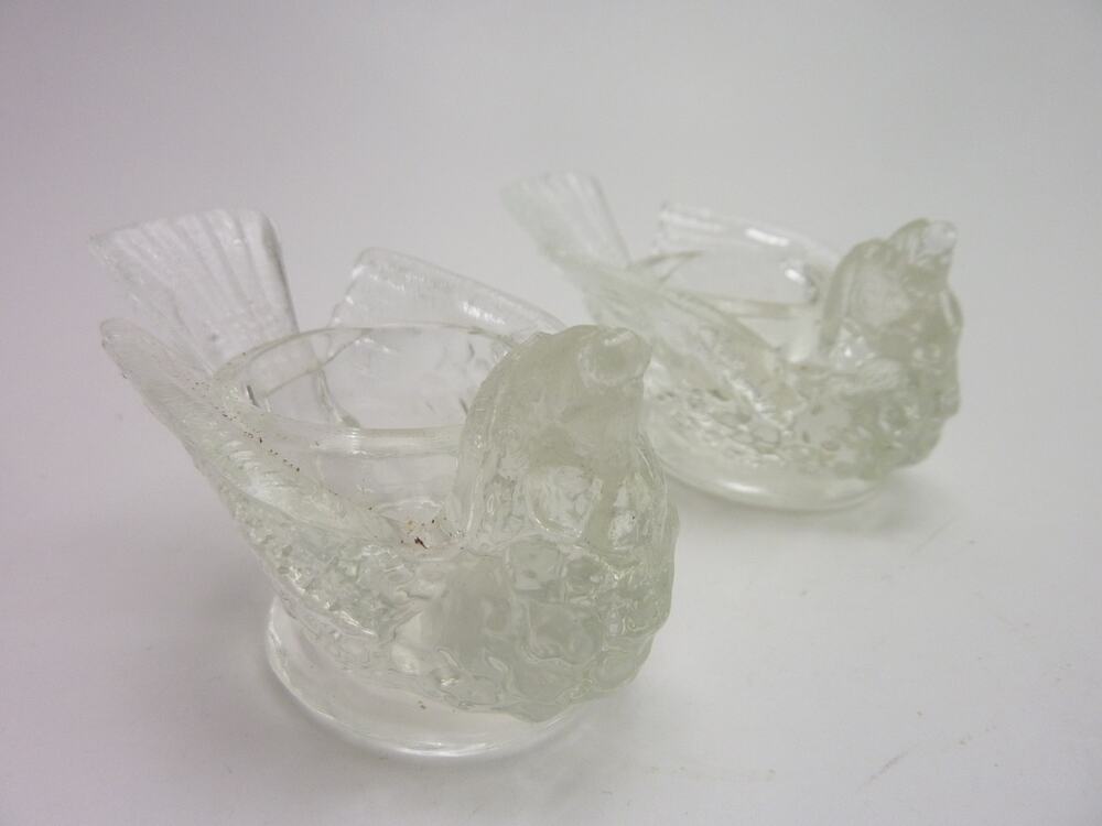 Vintage Clear Glass Bird with Berry Open Salt Cellar x 2